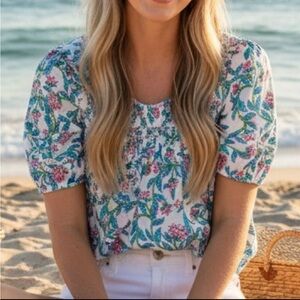 J. Crew Factory Cream Floral Puff-Sleeve Blouse with Pink and Teal Print